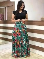 Vestido de manga corta a juego con estampado de flores de estilo europeo y americano para mujer, falda con vuelo grande, 2024 - details 1