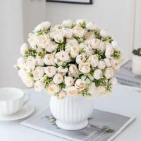Rosa de seda de 15 cabezas, capullo de té pequeño para decoración de Navidad, alféizar del hogar, accesorios de bonsái, Fondo de boda, pared de flores artificiales - details 12