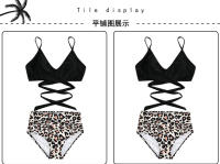 Traje de baño de mujer dividido de cintura alta Traje de baño de bikini multicolor con estampado de halter cruzado - details 35