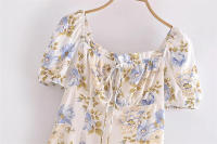 Vestido retro de manga corta con escote cuadrado para mujer con cordón en el pecho, minifalda floral de corte en A de cintura alta ajustada - details 0