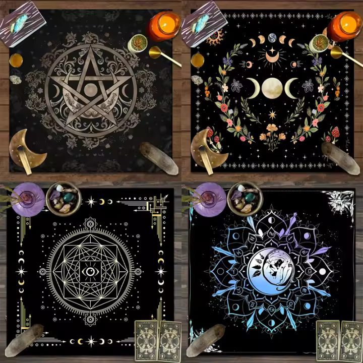 1 mantel de Tarot, tela de altar, fase lunar, sol, cielo estrellado, flores, brujería, accesorios de decoración ritual de altar - 1