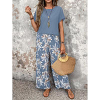 Conjunto de dos piezas de verano, suéter holgado versátil con cuello redondo estampado, atuendo informal para mujer - details 10