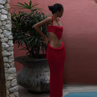 BUNO-Conjunto de 2 piezas fruncido de ganchillo de gato extraño para mujer, Tops irregulares con espalda descubierta y vendaje cruzado + faldas largas lisas, trajes de estilo playero para - details 3