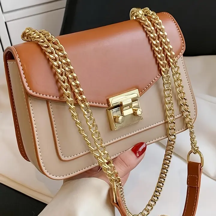 Mini bolso de hombro cuadrado con cierre giratorio y correa de cadena dorada - Elegante, beige y marrón, ideal para el trabajo, la oficina, las fiestas y los viajes - 1
