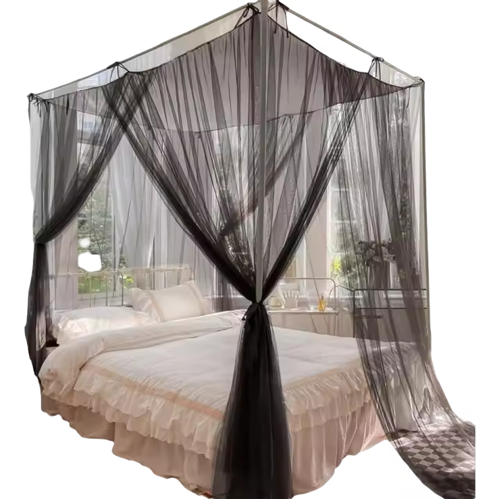 Mosquitera Negra para Cama Doble con Dosel y 4 Postes Esquineros - 1