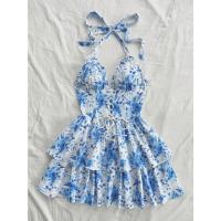 Vestido decorativo con borde de volantes y cuello con cordones y estampado de rosas de acuarela azul y blanco retro para vacaciones de mujer - details 2