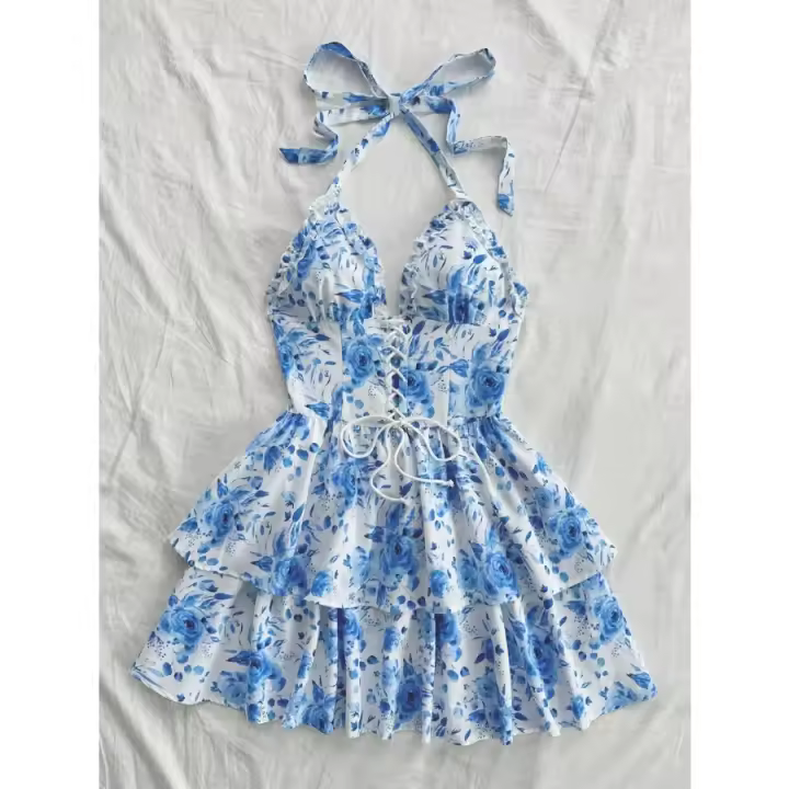 Vestido decorativo con borde de volantes y cuello con cordones y estampado de rosas de acuarela azul y blanco retro para vacaciones de mujer - 1