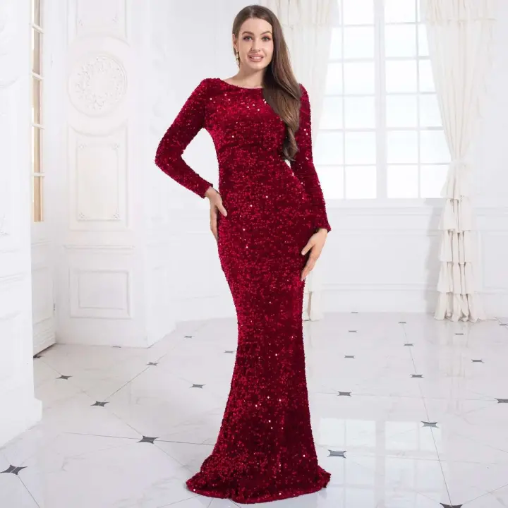 Vestido de noche de terciopelo con lentejuelas y cuello redondo, vestido largo formal de graduación, mangas largas - 1