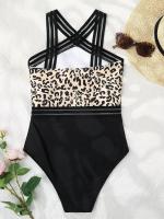 Traje de Baño de Malla Sexy Leopardo Traje de Baño de Cuello Alto para Mujeres - details 3