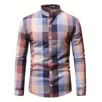 Camisa informal con estampado a cuadros y cuello alto de manga larga para hombre, primavera, otoño, al aire libre - details 1