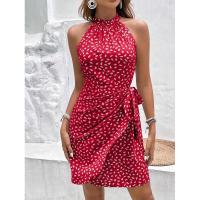 Vestido fruncido floral de lunares sin mangas con cuello halter a la moda de verano para mujer - details 1