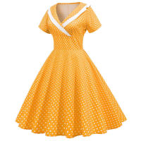 Vestido midi de línea A informal y elegante con cuello y manga corta para fiesta de lunares de verano para mujer - details 21