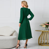 Vestidos largos informales para mujer, manga larga con cuello en V, cintura alta, Maxi, Verde - details 6