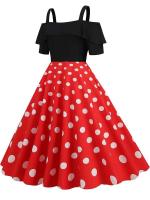 Vestido de fiesta Vintage elegante con hombros descubiertos, vestidos Midi de línea A con volantes y lunares de verano para mujer - details 11