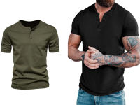 Camiseta de manga corta Henley para hombre, ropa informal de algodón, M-6XL, color negro y verde, paquete de 2 - details 1