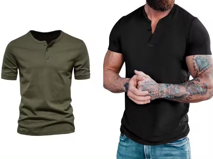 Camiseta de manga corta Henley para hombre, ropa informal de algodón, M-6XL, color negro y verde, paquete de 2 - 1