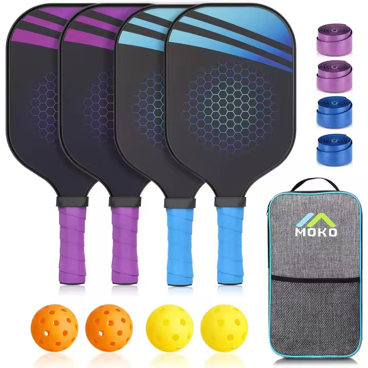 Juego de Palas de Pickleball, 2 Par Raquetas de Pickleball de Fibra de Vidrio con 4 Pelotas para Interiores y Exteriores, Accesorios de Pickleball para Principiantes Profesionales, Azul+Morado - 1