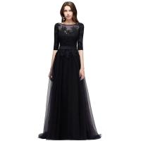 Vestidos de noche Escote redondo en gasa, elegantes apliques de tul de media manga para fiesta formal, hasta el suelo, sin espalda con - details 9