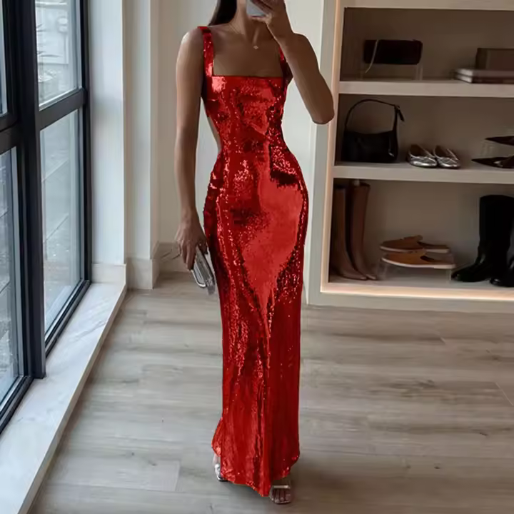 Vestido Maxi de Noche Formal para Mujer Cuello Cuadrado, Manga Ajustada, Brillo de Sequins Plateados Ideal para Fiestas - 1
