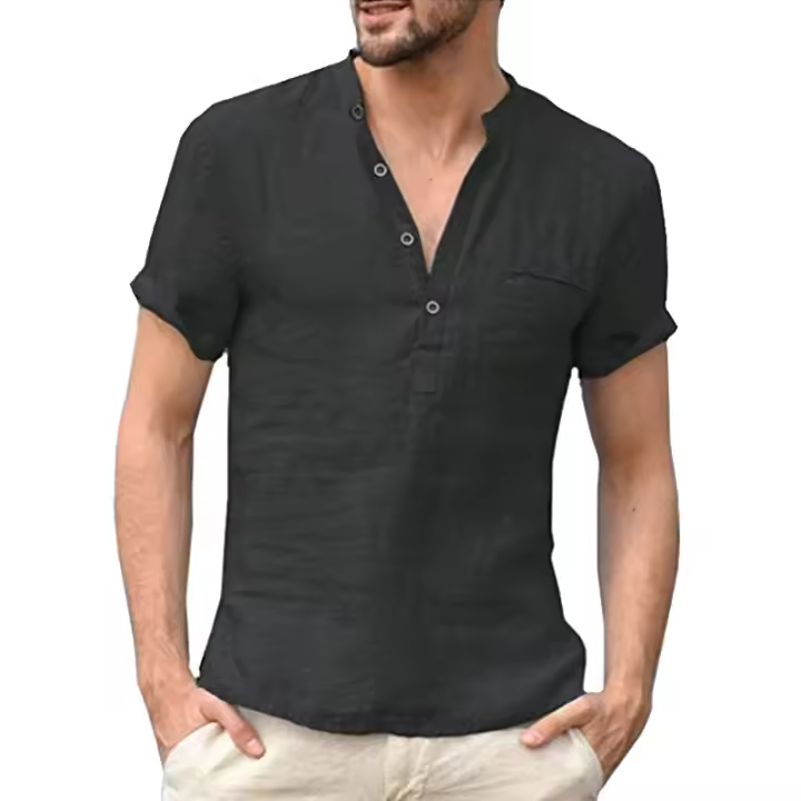 Novedad de verano, camisas informales de lino y algodón a la moda, camisetas transpirables de manga corta para hombre - 1