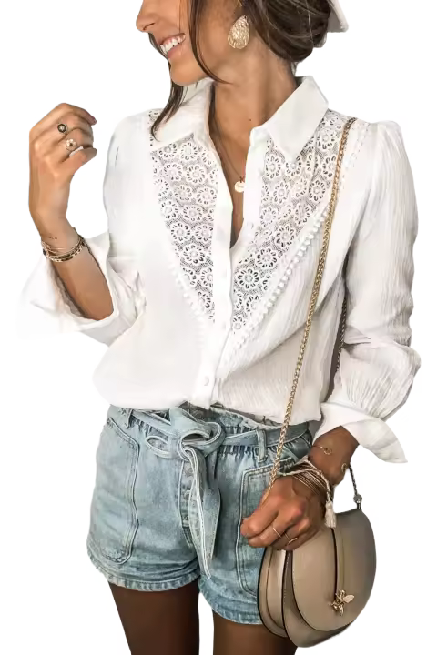Elrachen Camisa arrugada con empalme calado de encaje floral para mujer, blanco, tallas S-2XL - 1