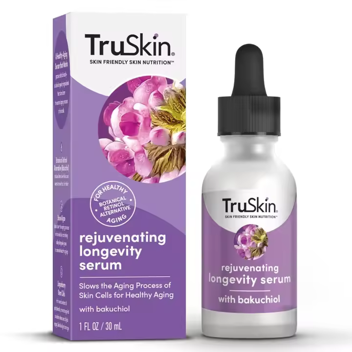 TruSkin Longevity Bakuchiol Serum – Suero facial rejuvenecedor con células madre de arándano rojo y algas de nieve – Alternativa suave de retinol para envejecimiento saludable – Mejora la apariencia de las arrugas, 1 fl oz - 1