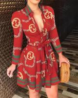 2024 nuevo vestido de Otoño/Invierno para mujer, moda de Amazon, vestido estampado atado de manga larga con cuello en V, estilo transfronterizo europeo americano - details 4