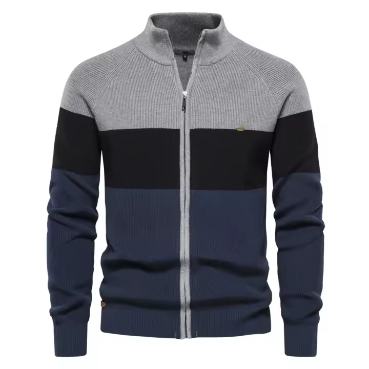 Otoño e Invierno, suéter de color collage para hombres, cárdigan con cremallera para hombres, suéter de algodón para hombres jóvenes de lana - 1