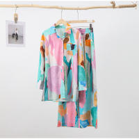 Conjunto de camisa y pantalones con estampado informal para mujer, Top holgado con cuello vuelto y botella única - details 3