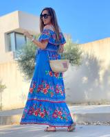 Vestido Largo para Mujer Verano 2025 Escote Palabra de Honor con Estampado de Flores Rojas - details 13