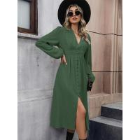 Vestido Elegante de Color Sólido para Mujer Primavera Otoño 2025 Cuello en V Manga Larga con Abertura Promoción - details 4