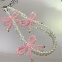 Colgante de perlas con lazo rosa bonito de Corea, abalorio para teléfono con cuentas para iPhone, accesorios, cordón, joyería para mujer y niña, correa de cuerda colgante - details 0