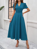 Primavera Verano elegante cintura con cuello en V Color sólido vestido de manga corta moda mujer - details 18