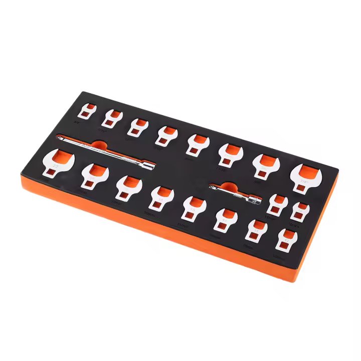 SucceBuy Juego de llaves Crowfoot, unidad de 20 piezas de 3/8" con 2 barras de extensión y organizador EVA, SAE 3/8"-7/8" y métrico 10-22 mm, acero 40CR con acabado cromado - 1