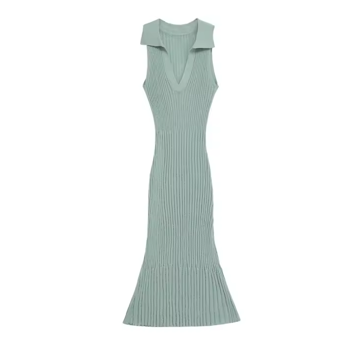 Vestido largo de punto con cuello en V Moda de verano para mujer Material de poliéster sin mangas - 1