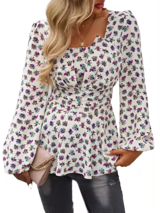 Top floral de manga larga para mujer, camiseta elegante con cuello cuadrado para ropa juvenil - 1