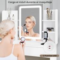 Espejo con Luz LED Regulable 2 Puertos USB, 2 Cajones, 4 Estantes Ideal para Maquillaje en Dormitorio - details 2