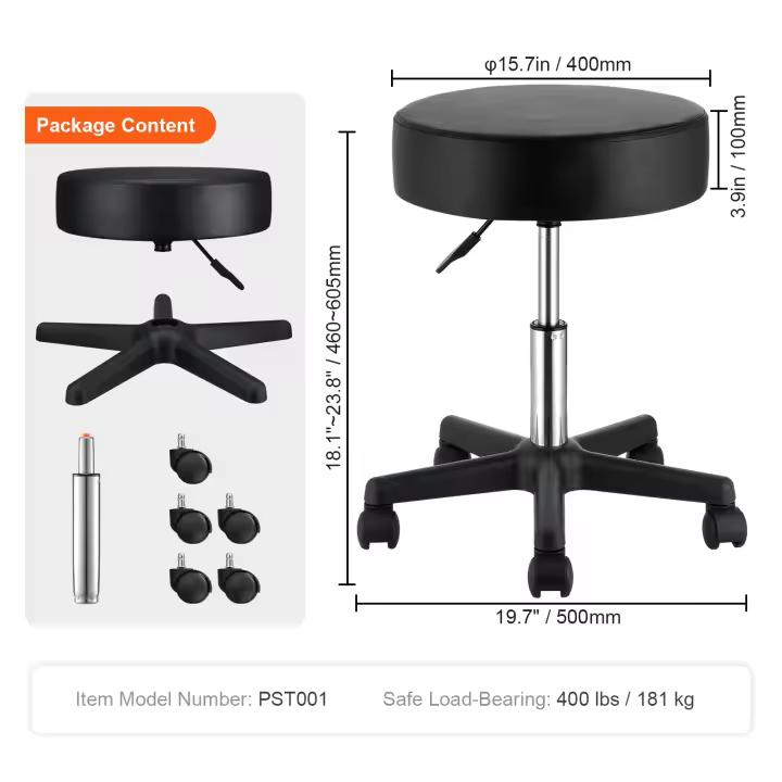 SucceBuy Taburete con ruedas - Altura ajustable, reposapiés, cuero PU, para salón, spa, tatuaje, clínica - 1