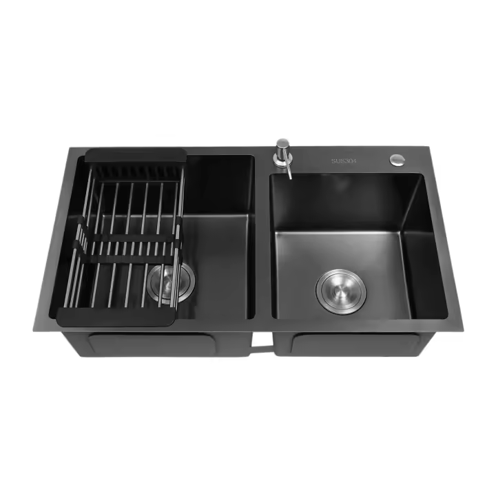 Conjunto de Grifo de Cocina de Acero Inoxidable 304 Doble Lavabo, Tabla de Drenaje, Partes de Plomería - 1