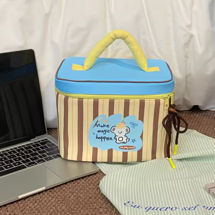 Bolsa de maquillaje multifuncional, estuche cuadrado de gran capacidad para cosméticos de mano, bolsa de almuerzo para cachorros de dibujos animados con cremallera para exteriores - 1