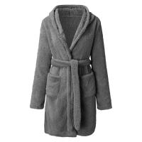Albornoz de felpa para mujer, pijama cálido para casa con capucha de color sólido - details 4