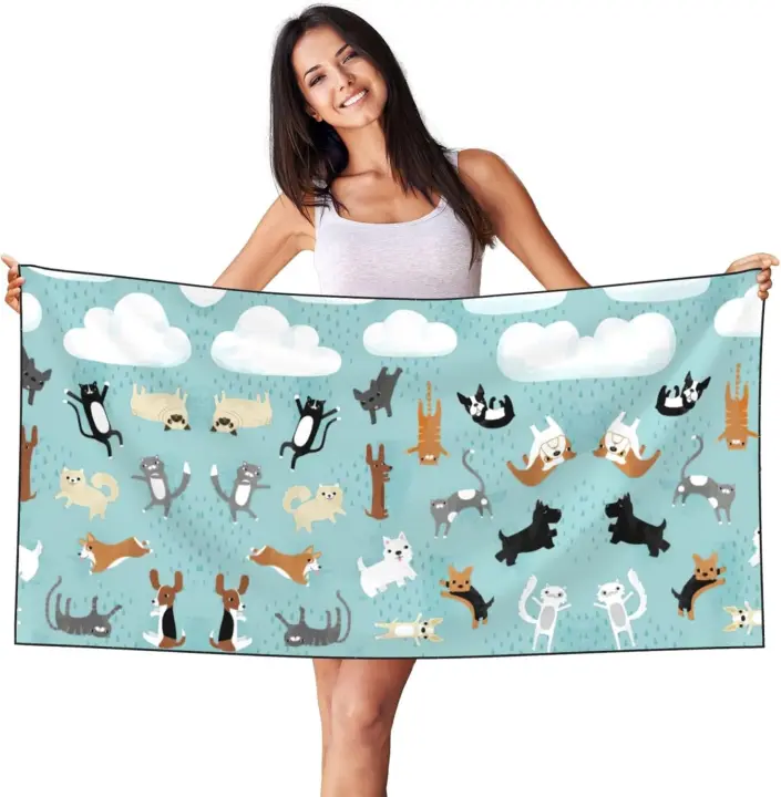 Toallas de camping con estampado de perro y gato de lluvia para hombres y mujeres, piscina, baño, natación, yoga, spa, toallas absorbentes - 1