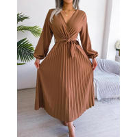 Vestido largo plisado con dobladillo grande para mujer, vestido cruzado de Color liso con cuello en V, moda de primavera y verano - details 1