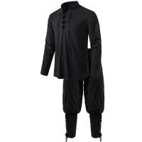 Conjunto de disfraz de caballero Medieval para hombre, camisas de pirata de Cosplay renacentista, pantalones con bandas en el tobillo para Halloween, tela de lino y algodón, 2 uds. - details 4