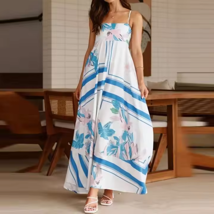 Vestido largo playero estilo bohemio vintage 2025 para mujer, con tirantes finos, espalda descubierta, estampado de sol, estilo swing. - 1