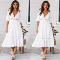 BUNO-Vestido elegante de lujo para mujer, moda blanca con escote en V profundo, encaje empalmado, vestido cómodo y fresco de verano, trajes de fiesta de boda - details 1