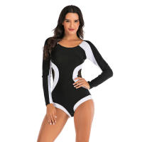 Traje de baño de una pieza con mangas largas y detalles de colores contrastantes, traje de surf y buceo de corte alto con - details 4