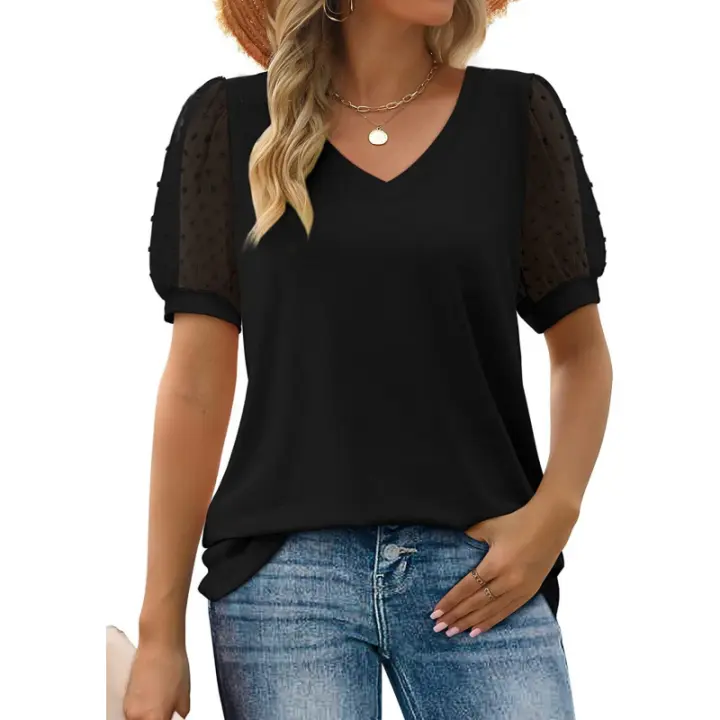 Camisa de manga corta para mujer, blusa elegante de verano a la moda, cuello en v, color sólido, tops Casuales - 1