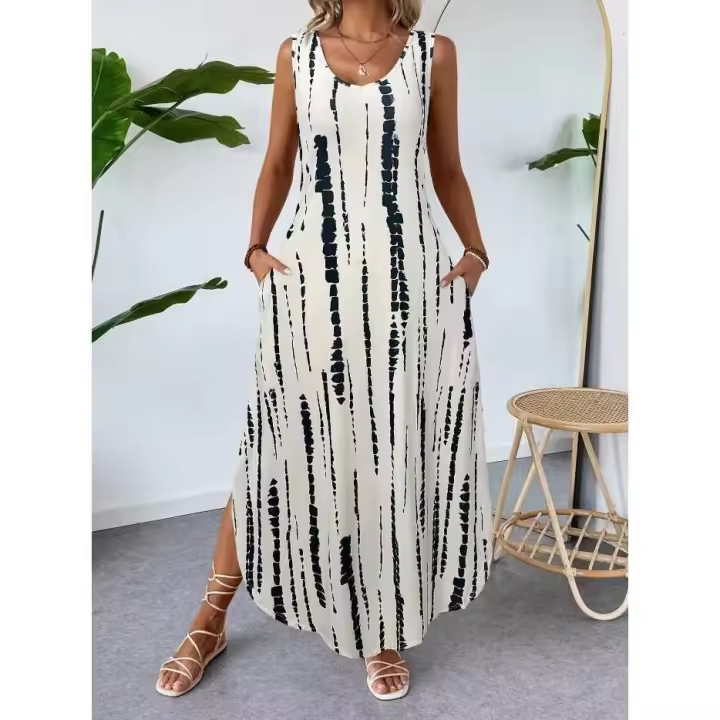 Vestido chaleco adelgazante con abertura sin mangas estampado a la moda de verano 2025 para mujer - 1