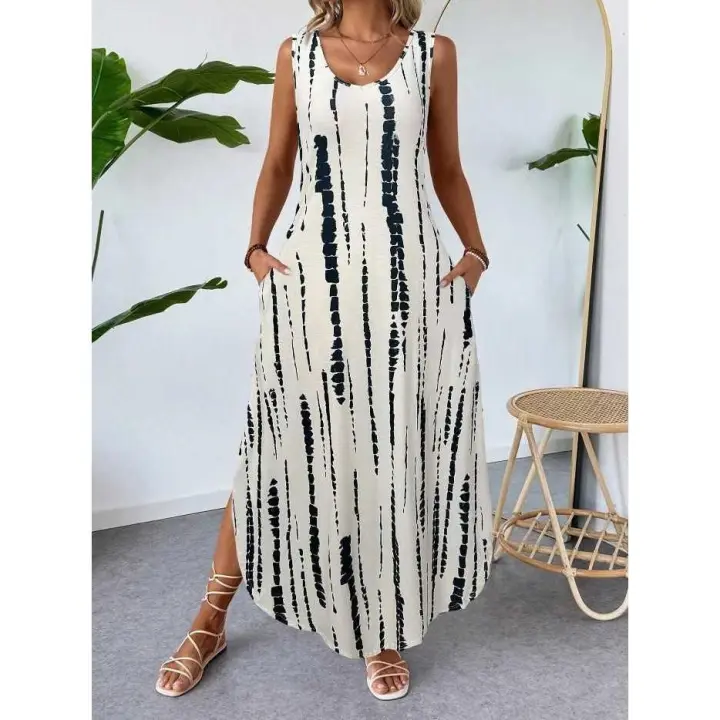 Vestido chaleco adelgazante con abertura sin mangas estampado a la moda de verano 2025 para mujer - 1